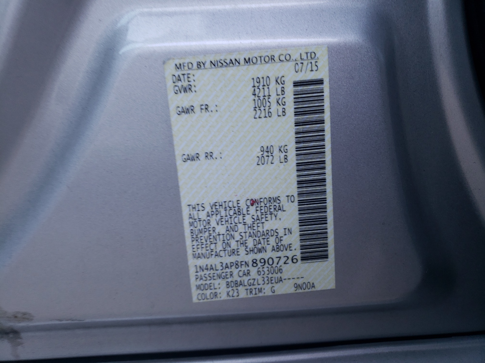Photo 10 from auction – 2015 NISSAN ALTIMA 2.5 with VIN 1N4AL3AP8FN890726