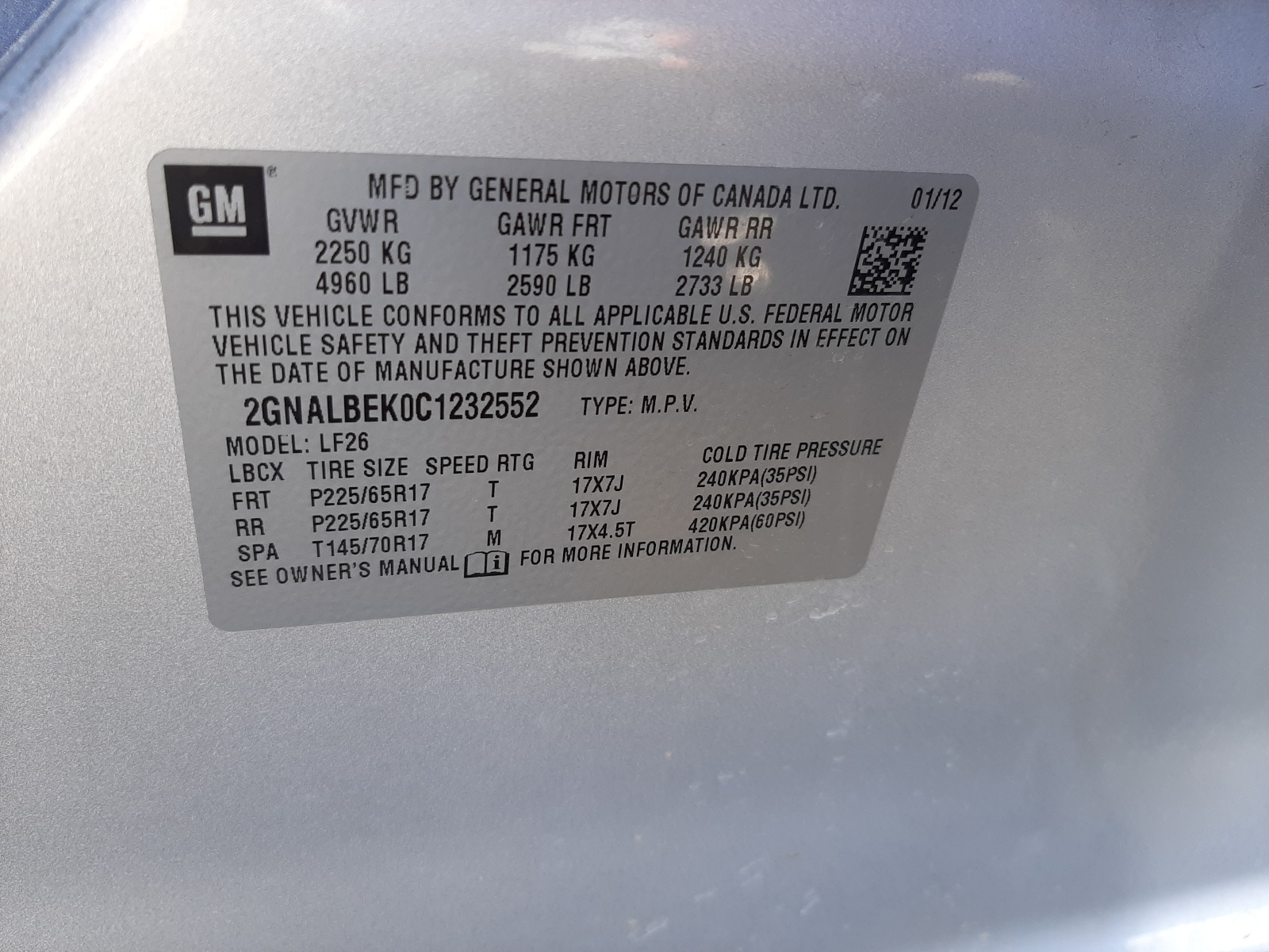 Photo 10 from auction – 2012 CHEVROLET EQUINOX LS with VIN 2GNALBEK0C1232552