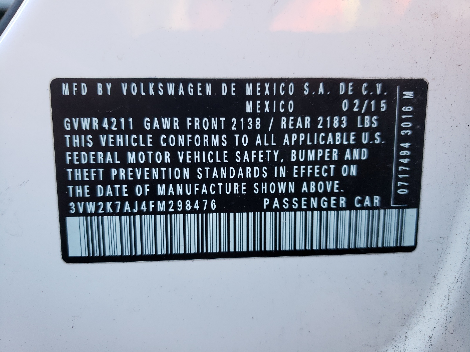 Photo 10 from auction – 2015 VOLKSWAGEN JETTA BASE with VIN 3VW2K7AJ4FM298476