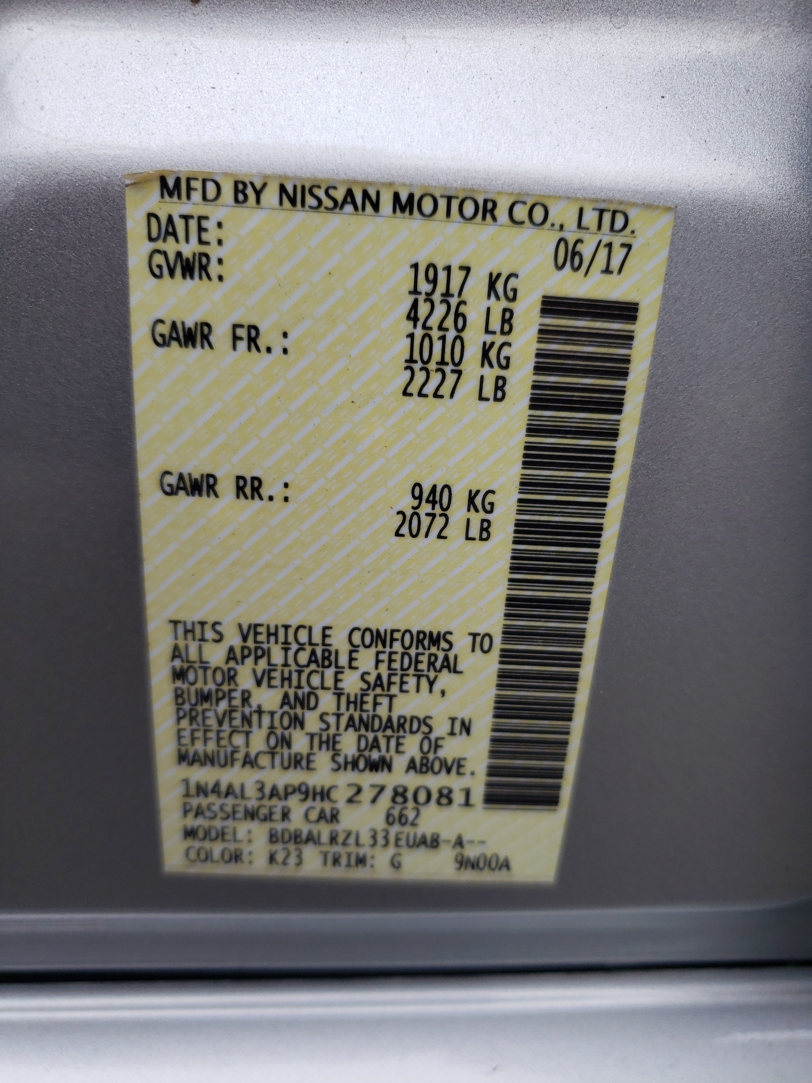 Photo 10 from auction – 2017 NISSAN ALTIMA 2.5 with VIN 1N4AL3AP9HC278081