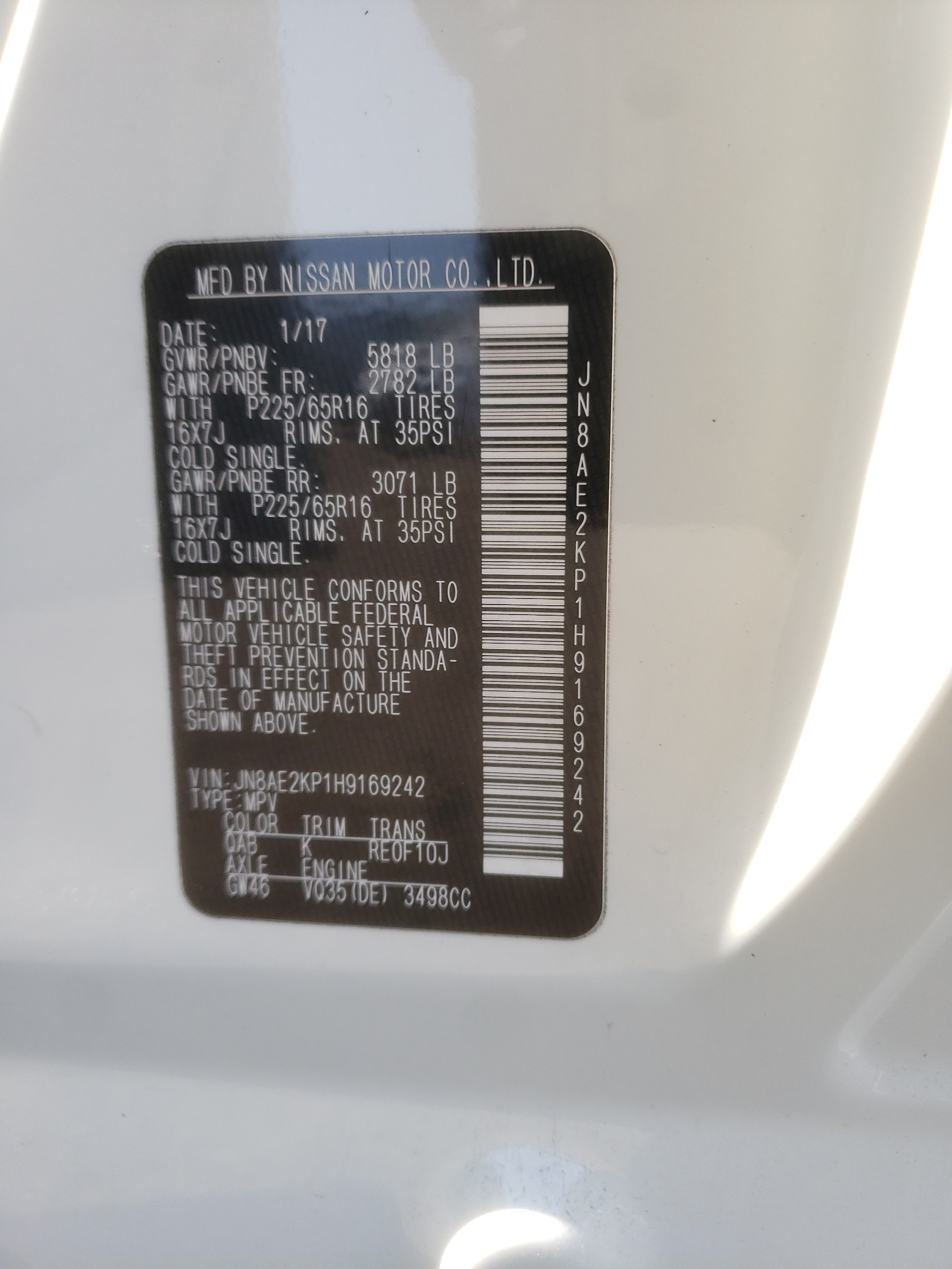 Photo 10 from auction – 2017 NISSAN QUEST S with VIN JN8AE2KP1H9169242