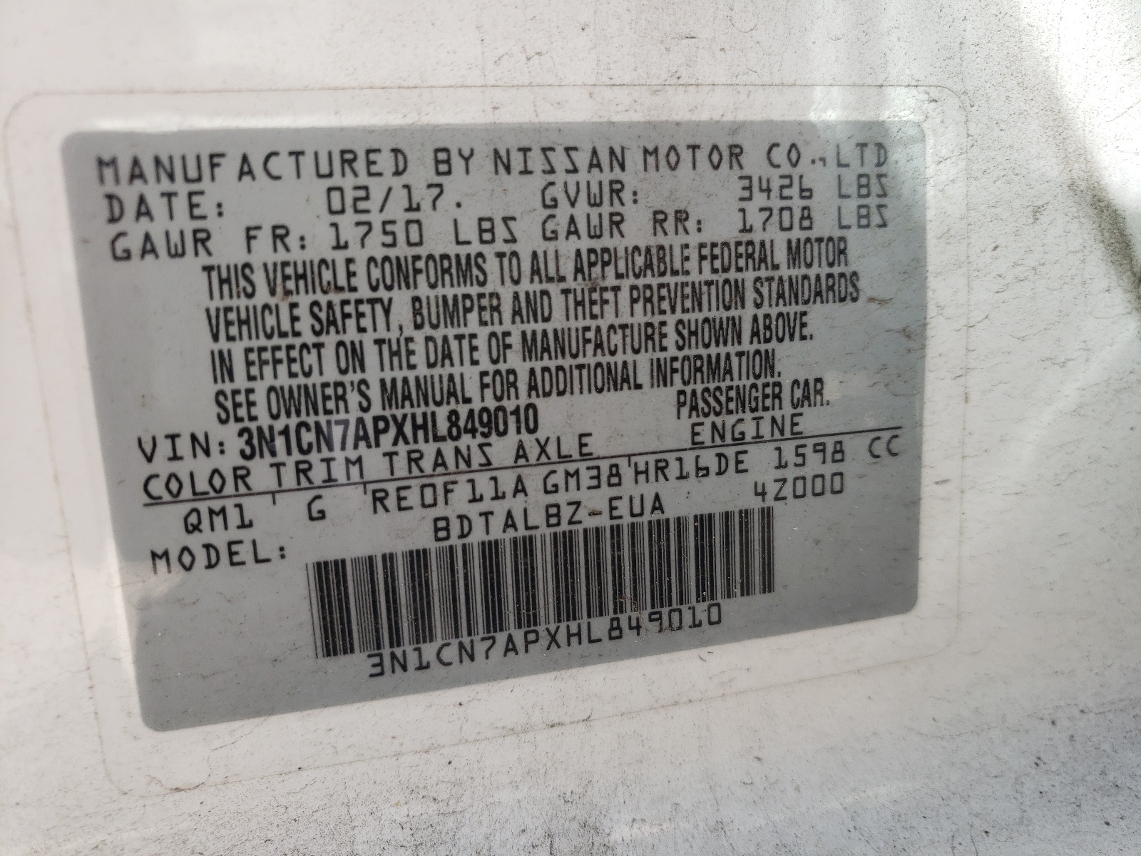 Photo 10 from auction – 2017 NISSAN VERSA S with VIN 3N1CN7APXHL849010