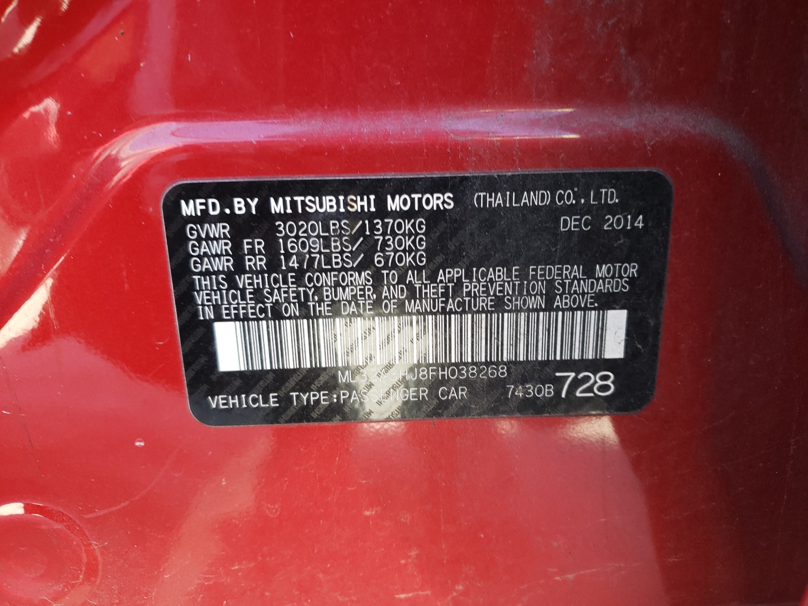 Photo 10 from auction – 2015 MITSUBISHI MIRAGE DE with VIN ML32A3HJ8FH038268