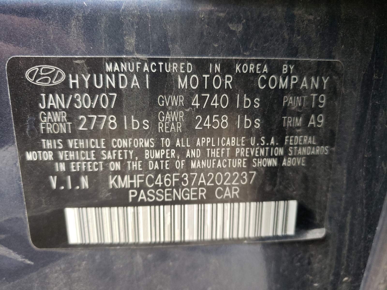 Photo 10 from auction – 2007 HYUNDAI AZERA SE with VIN KMHFC46F37A202237