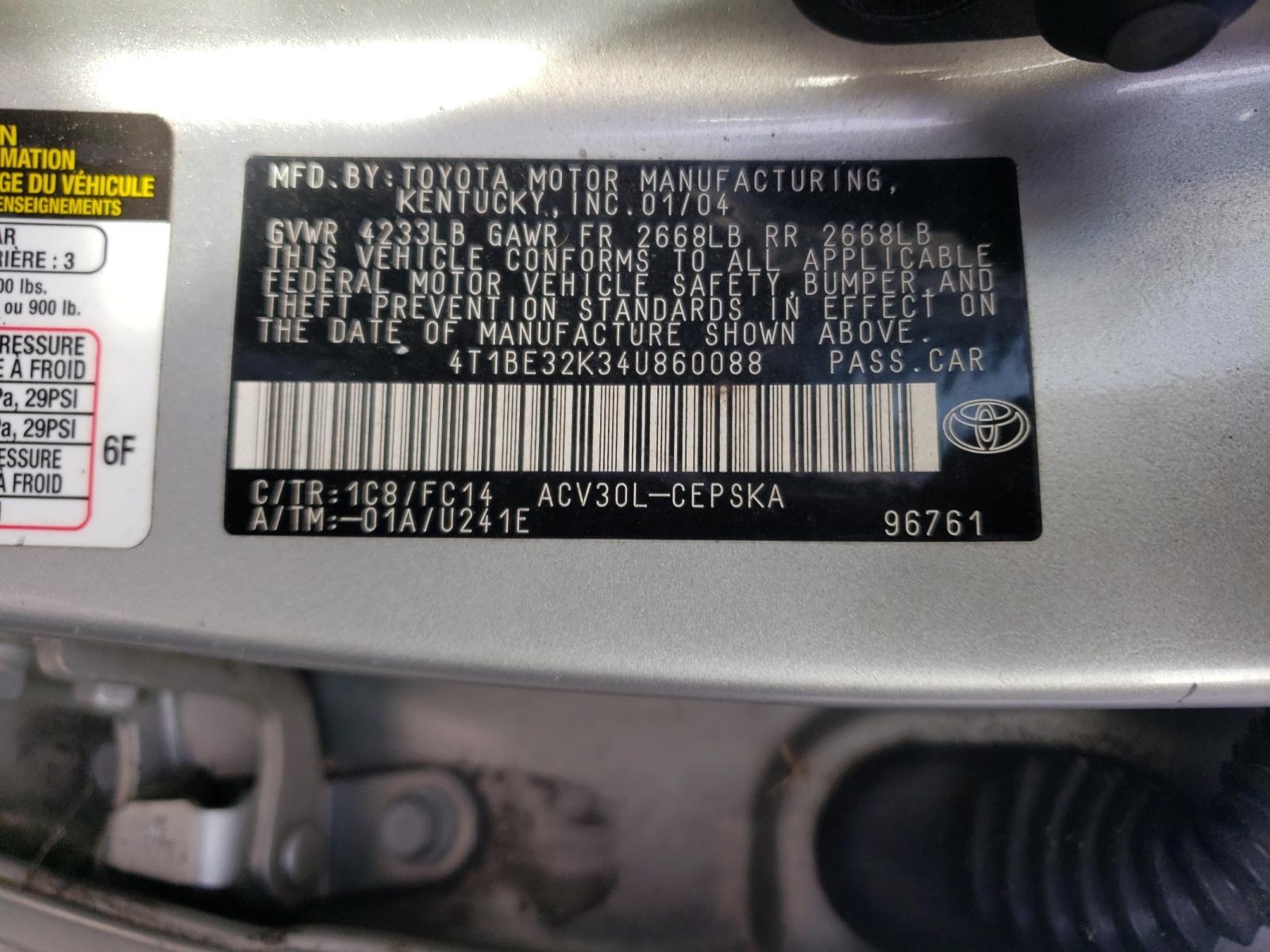 Photo 10 from auction – 2004 TOYOTA 1 TON with VIN 4T1BE32K34U860088