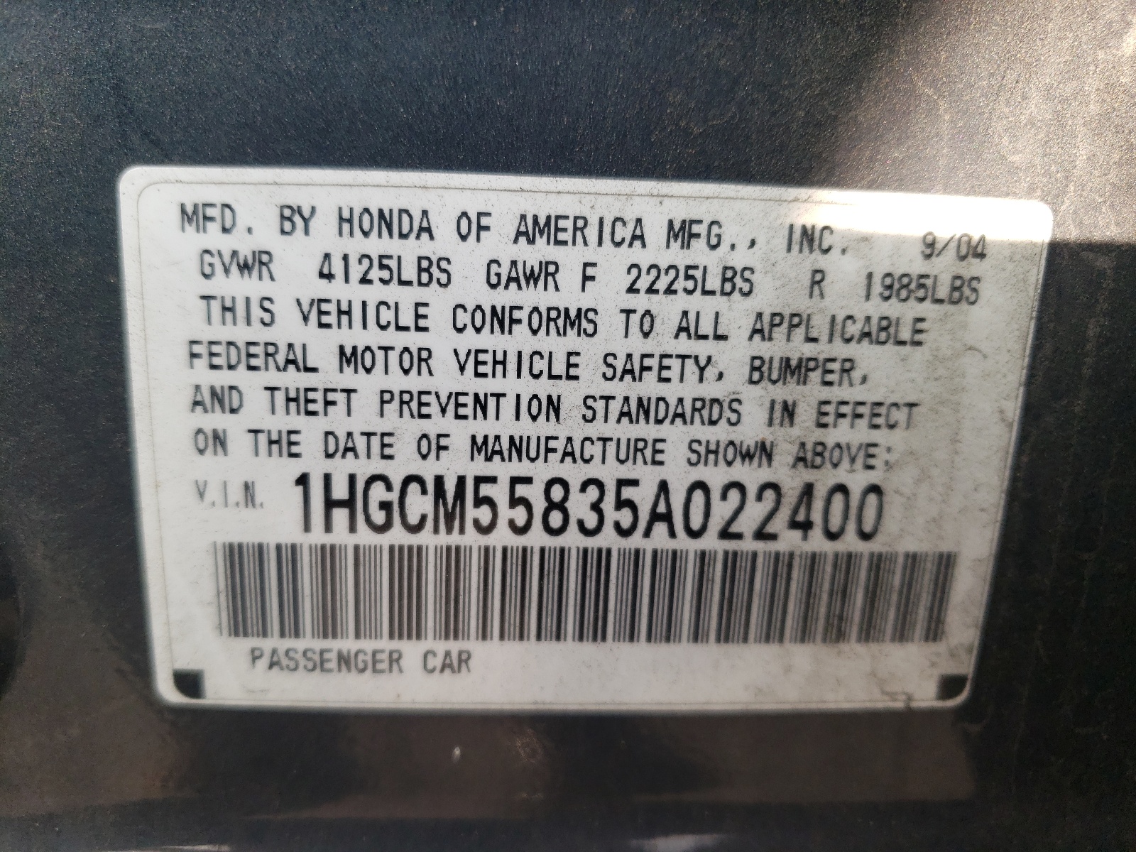 Photo 10 from auction – 2005 HONDA ACCORD EX with VIN 1HGCM55835A022400