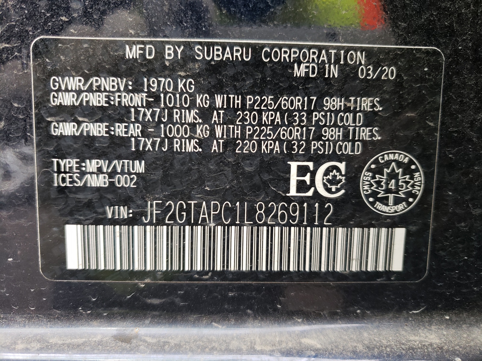 Photo 10 from auction – 2020 SUBARU CROSSTREK with VIN JF2GTAPC1L8269112