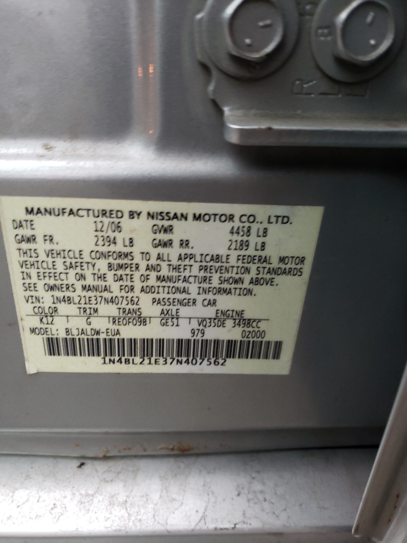 Photo 10 from auction – 2007 NISSAN ALTIMA 3.5 with VIN 1N4BL21E37N407562
