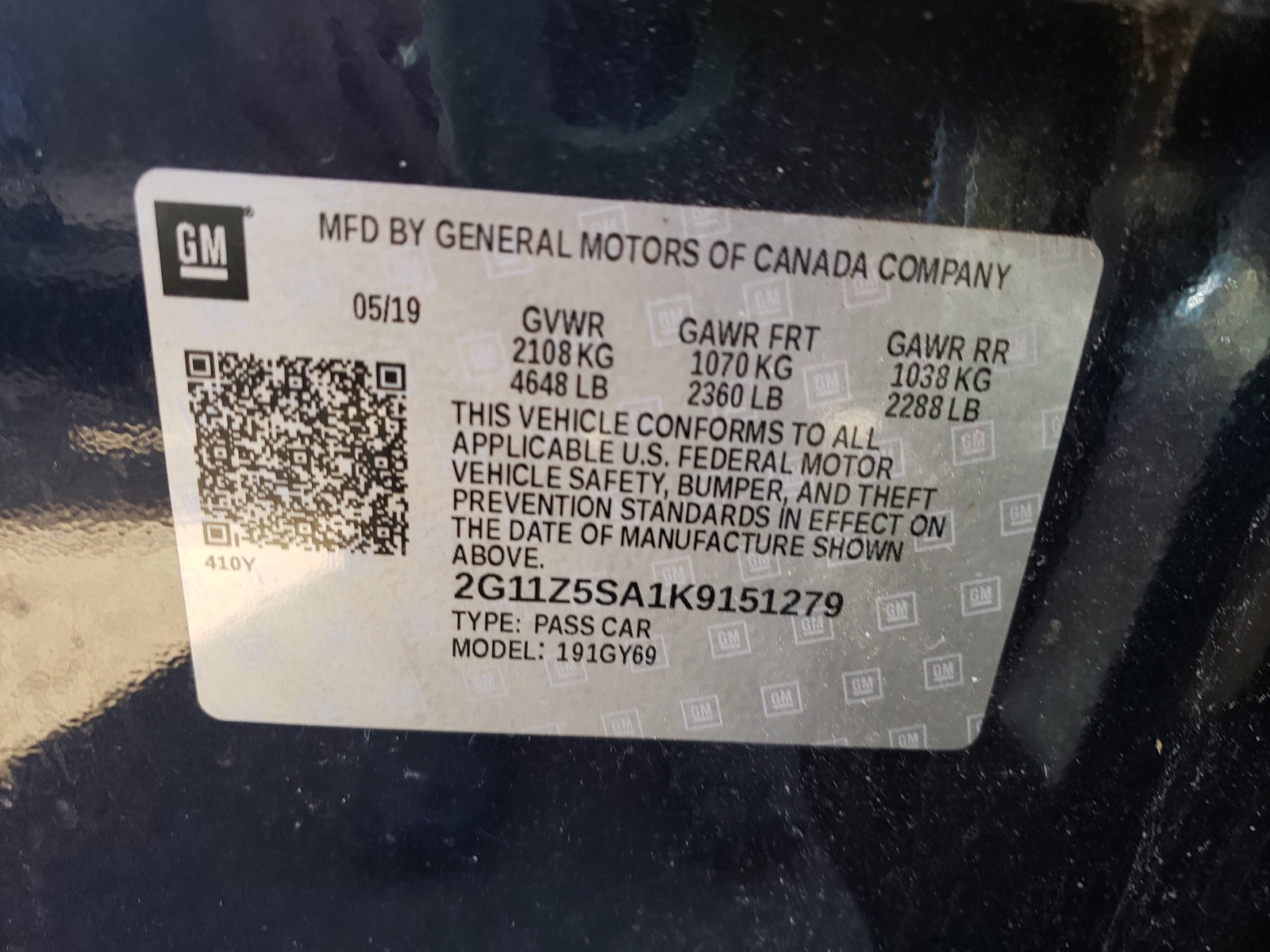 Photo 10 from auction – 2019 CHEVROLET IMPALA LT with VIN 2G11Z5SA1K9151279