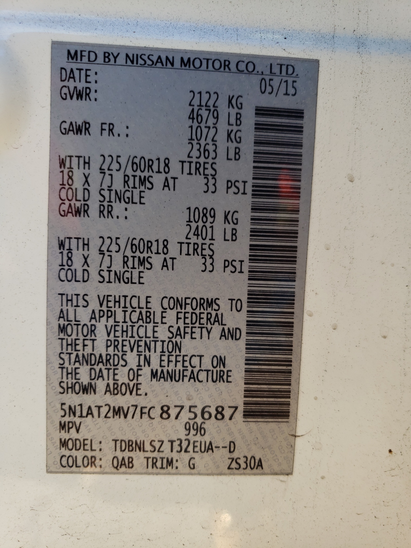 Photo 10 from auction – 2015 NISSAN ROGUE S with VIN 5N1AT2MV7FC875687