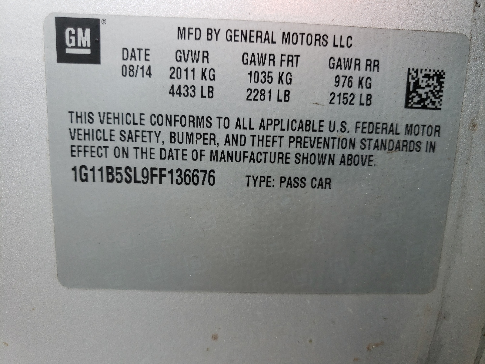 Photo 10 from auction – 2015 CHEVROLET MALIBU LS with VIN 1G11B5SL9FF136676