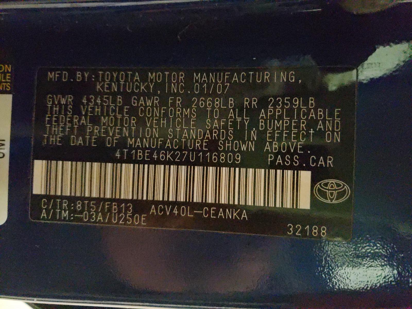 Photo 10 from auction – 2007 TOYOTA CAMRY with VIN 4T1BE46K27U116809