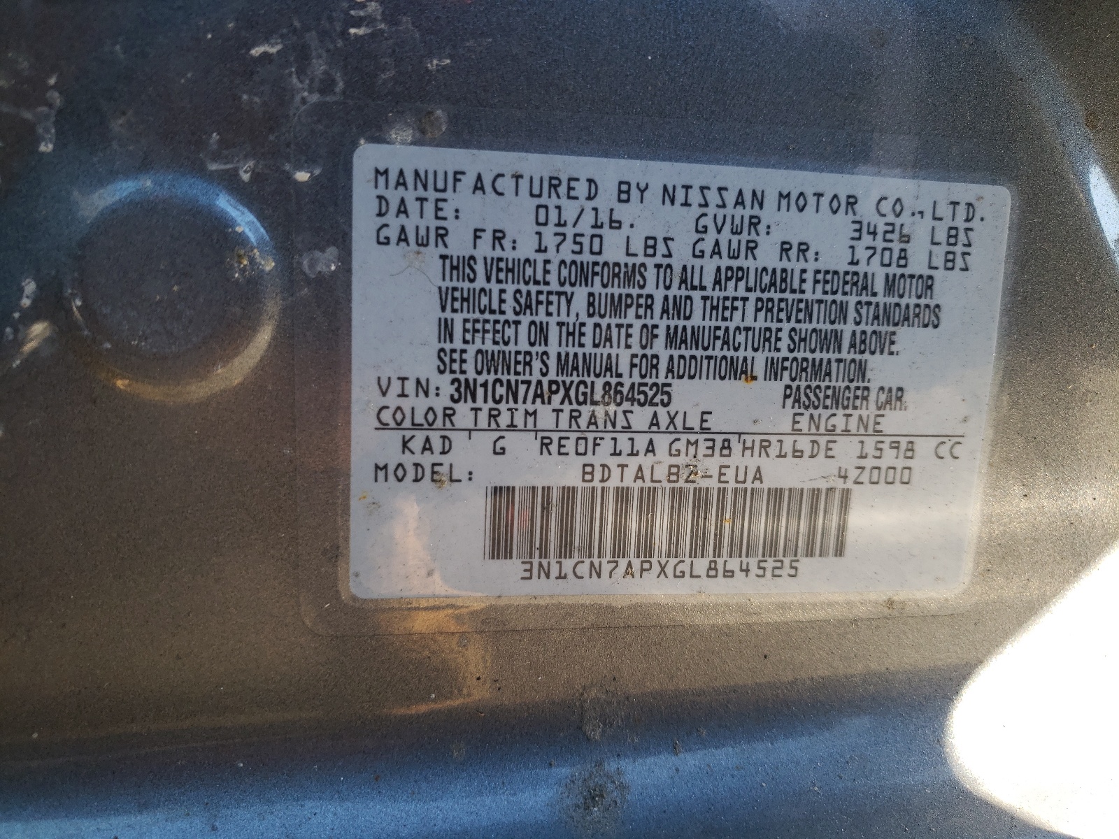 Photo 10 from auction – 2016 NISSAN VERSA S with VIN 3N1CN7APXGL864525