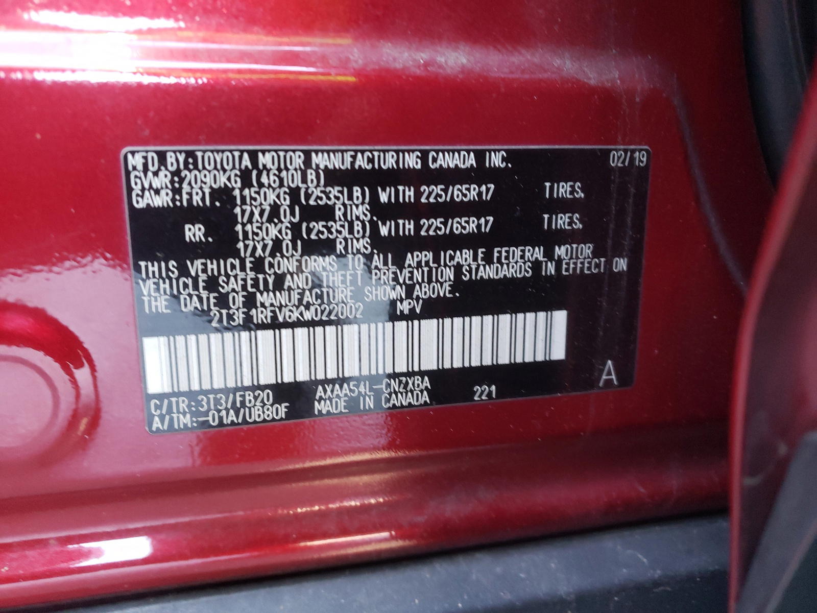Photo 10 from auction – 2019 TOYOTA RAV4 with VIN 2T3F1RFV6KW022002