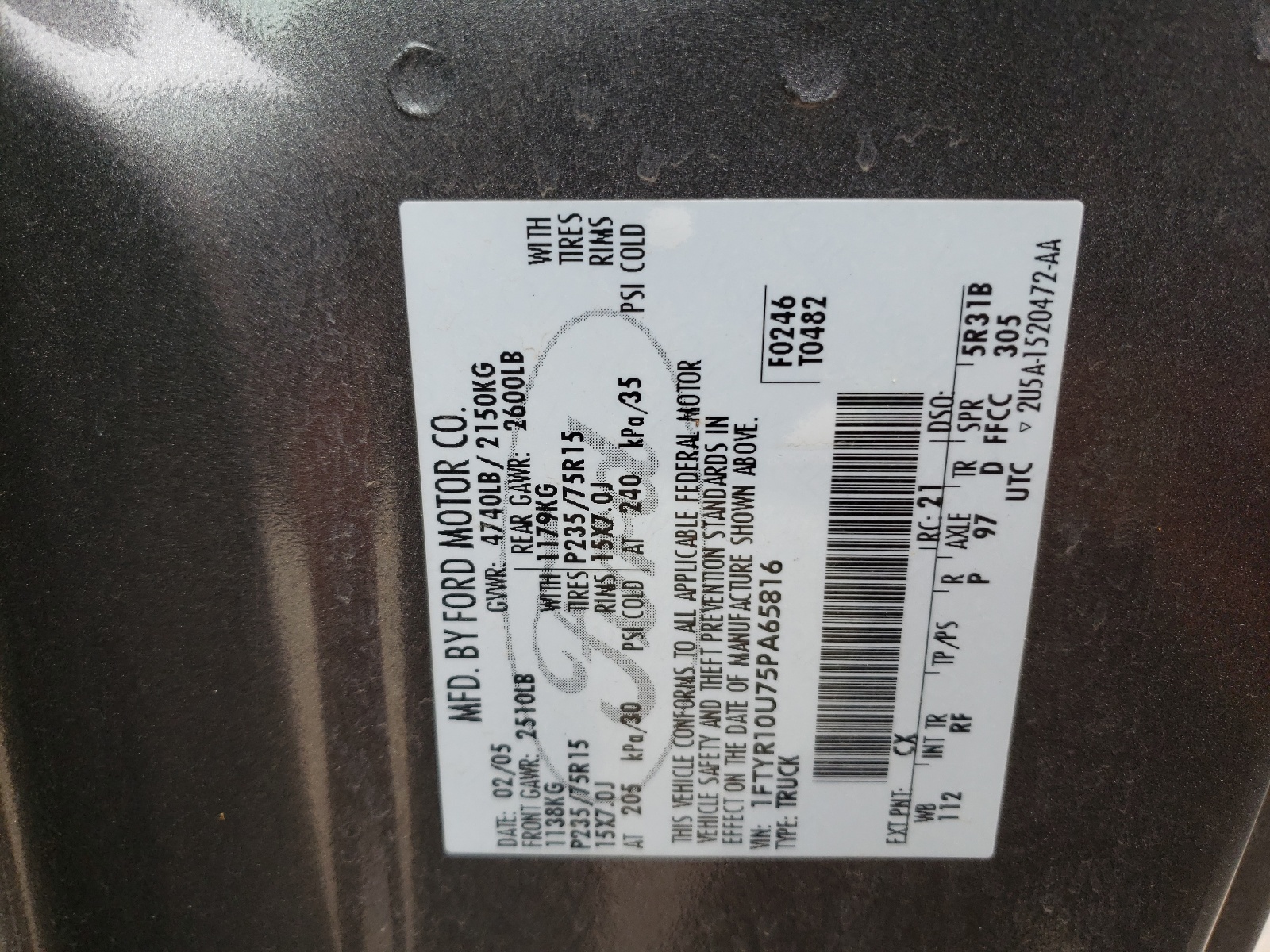 Photo 10 from auction – 2005 FORD RANGER with VIN 1FTYR10U75PA65816