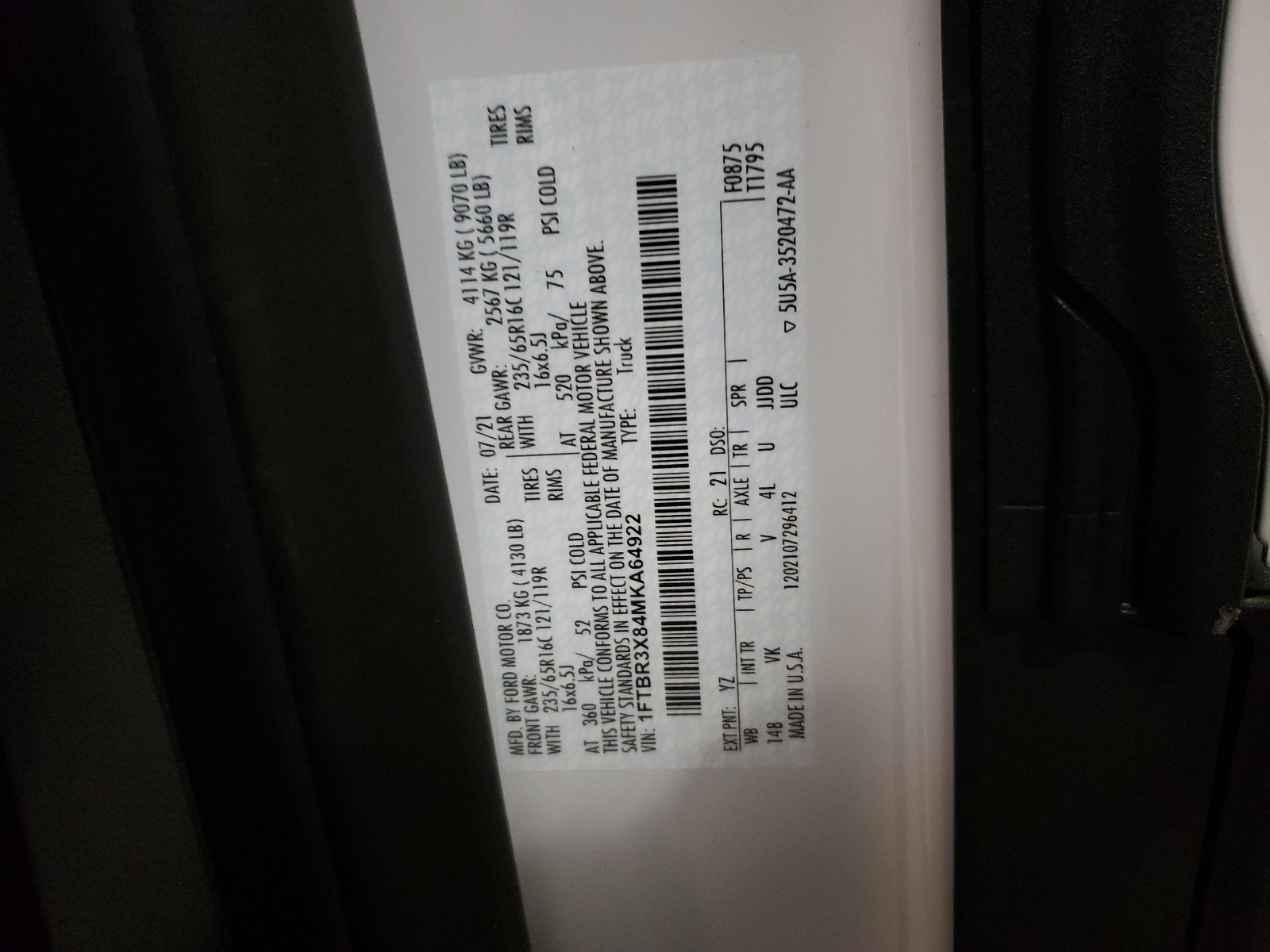 Photo 10 from auction – 2021 FORD TRANSIT T- with VIN 1FTBR3X84MKA64922