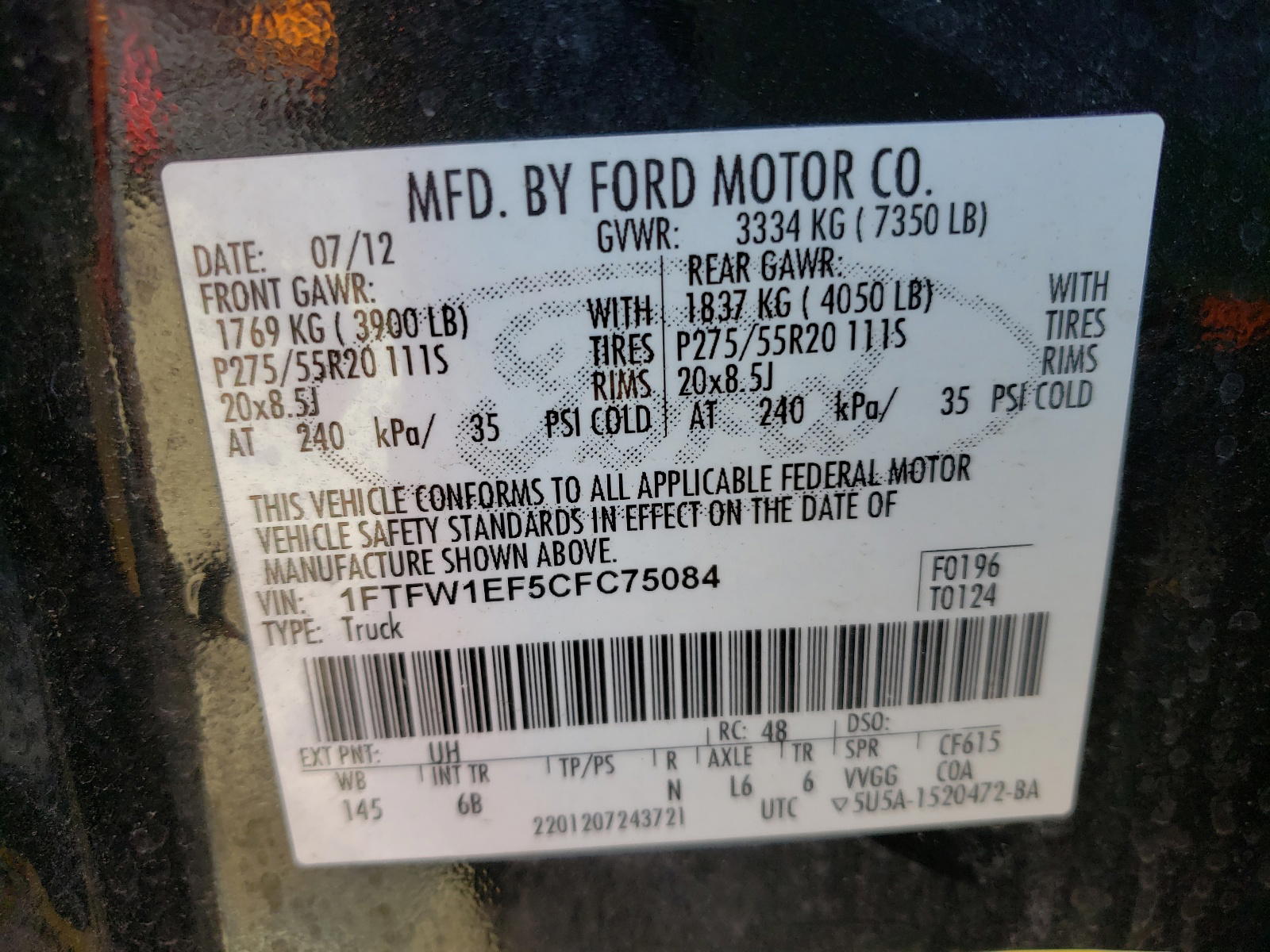 Photo 10 from auction – 2012 FORD F150 SUPER with VIN 1FTFW1EF5CFC75084