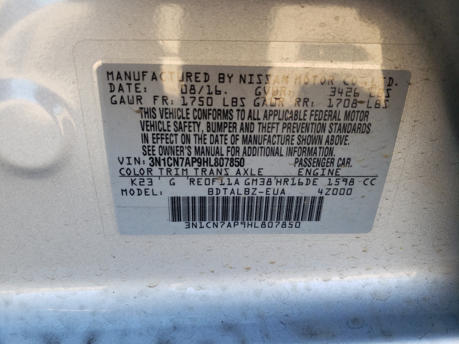 Photo 10 from auction – 2017 NISSAN VERSA S with VIN 3N1CN7AP9HL807850