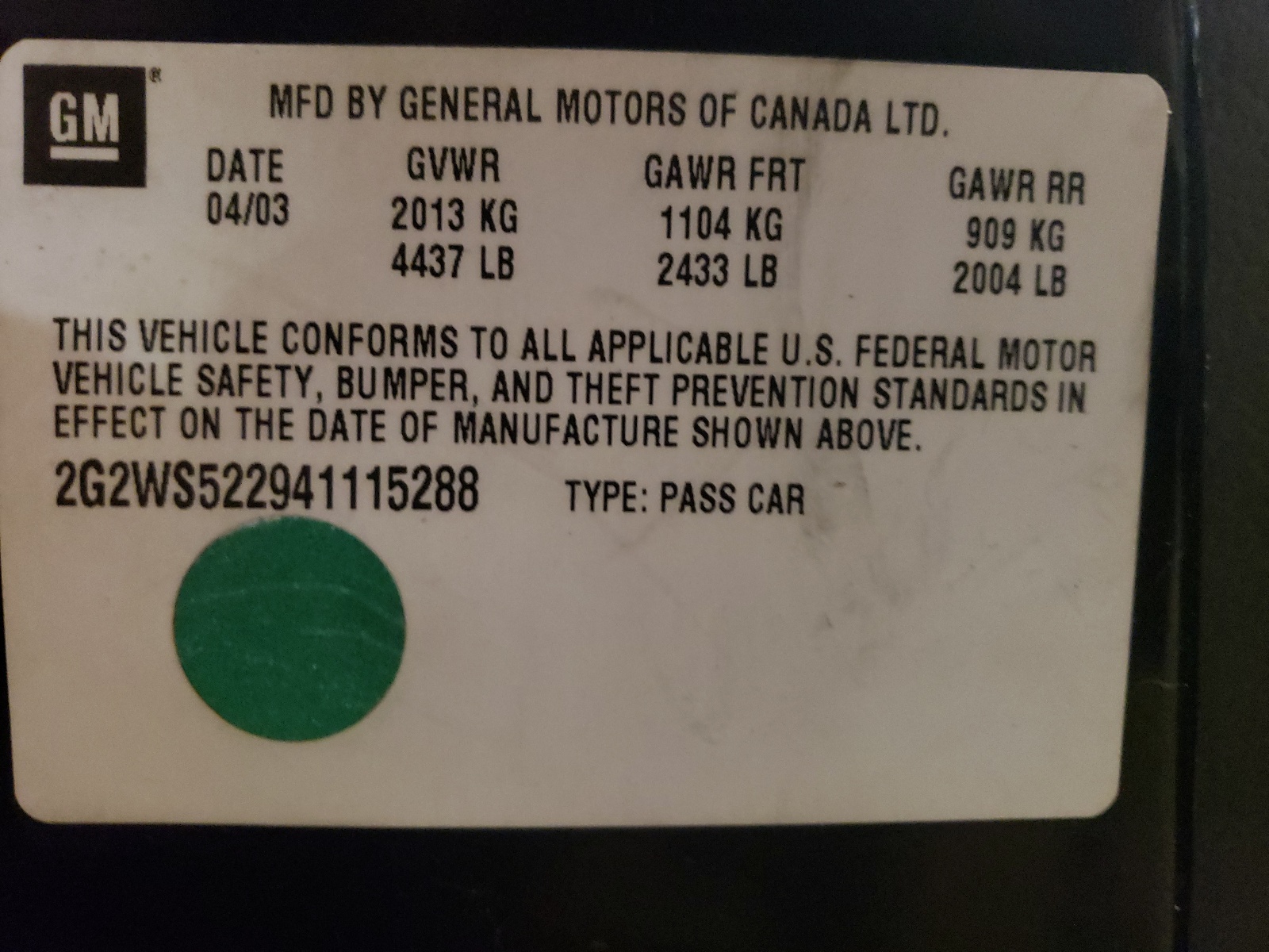 Photo 10 from auction – 2004 PONTIAC GRAND PRIX with VIN 2G2WS522941115288