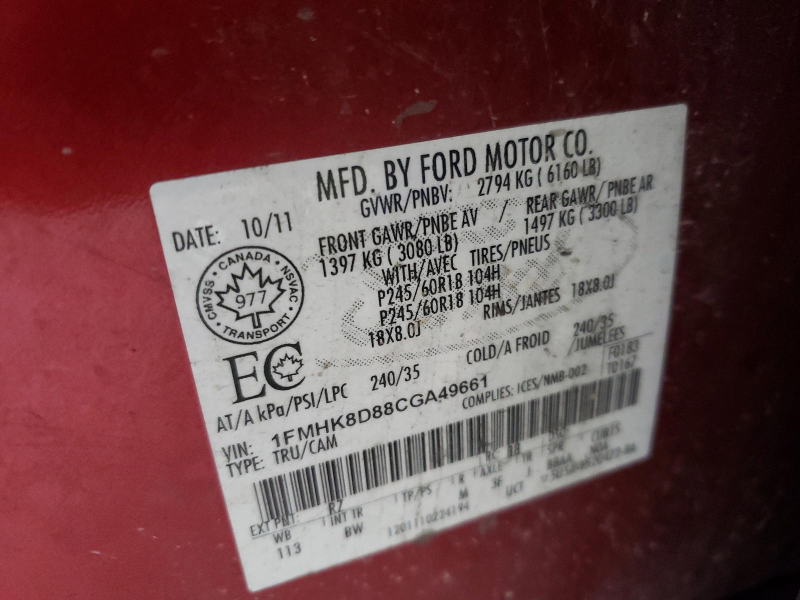Photo 10 from auction – 2012 FORD EXPLORER X with VIN 1FMHK8D88CGA49661