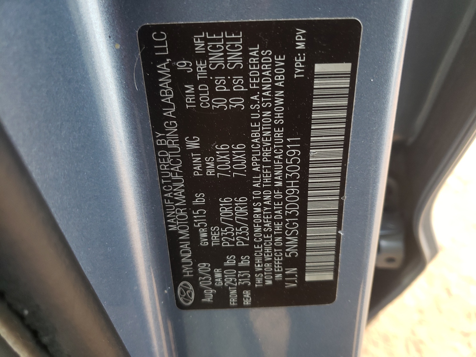 Photo 10 from auction – 2009 HYUNDAI SANTA FE G with VIN 5NMSG13D09H305911