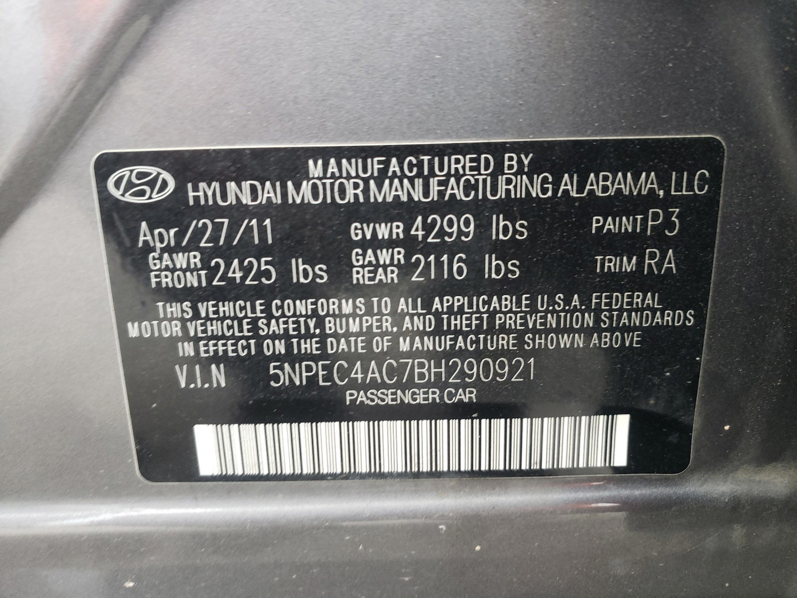 Photo 10 from auction – 2011 HYUNDAI SONATA SE with VIN 5NPEC4AC7BH290921