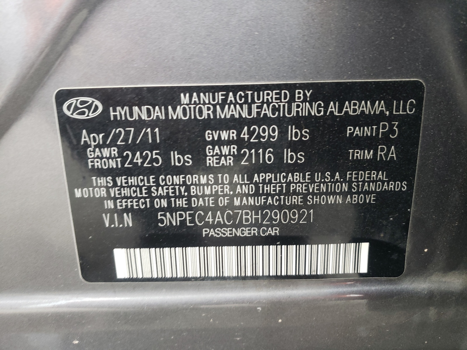 Zdjęcie 10 z aukcji – 2011 HYUNDAI SONATA SE z VIN 5NPEC4AC7BH290921