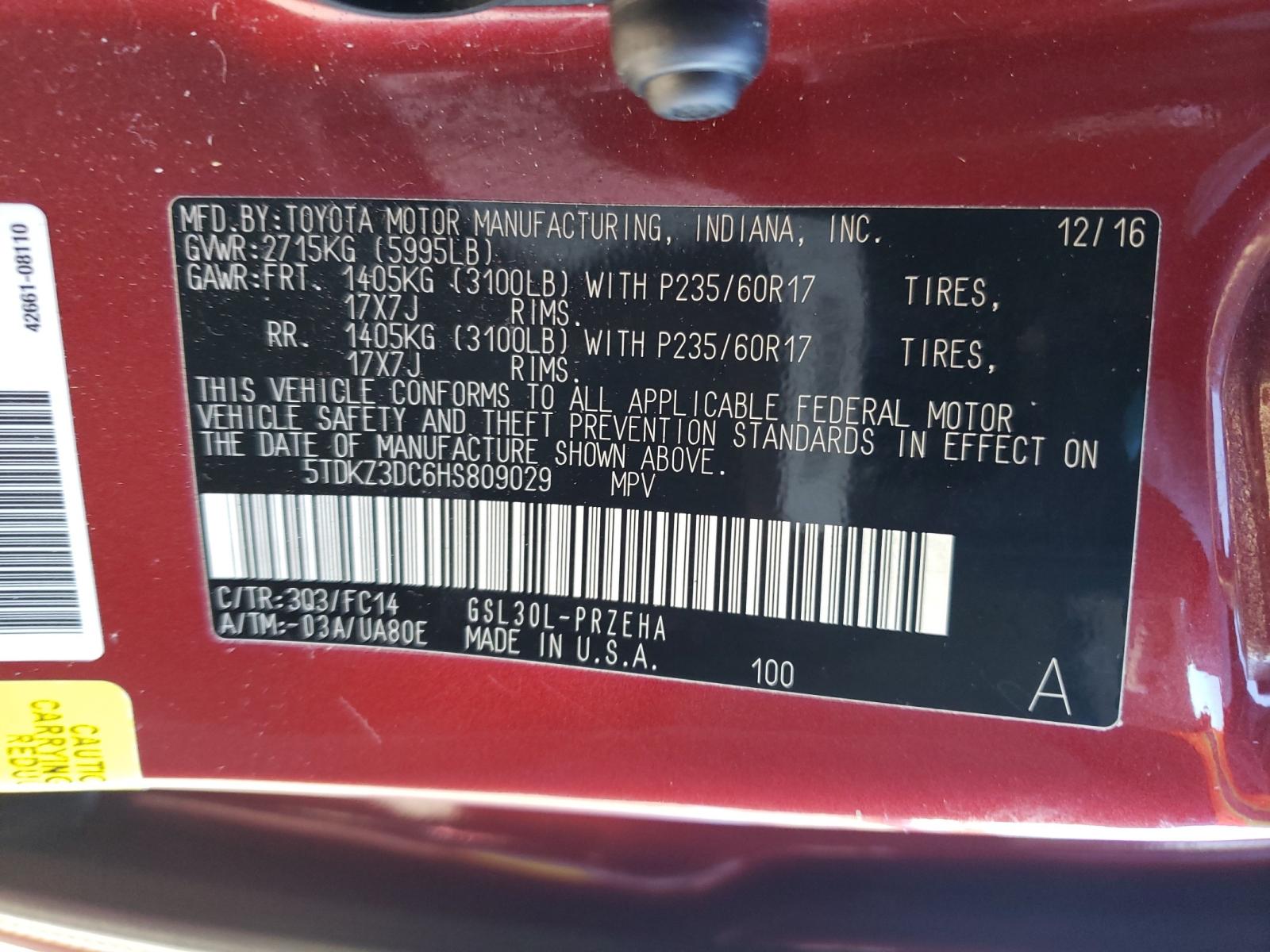 Photo 10 from auction – 2017 TOYOTA SIENNA LE with VIN 5TDKZ3DC6HS809029