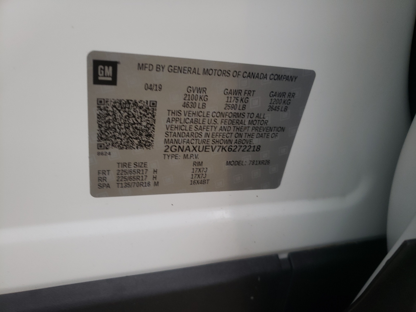 Photo 10 from auction – 2019 CHEVROLET EQUINOX LT with VIN 2GNAXUEV7K6272218