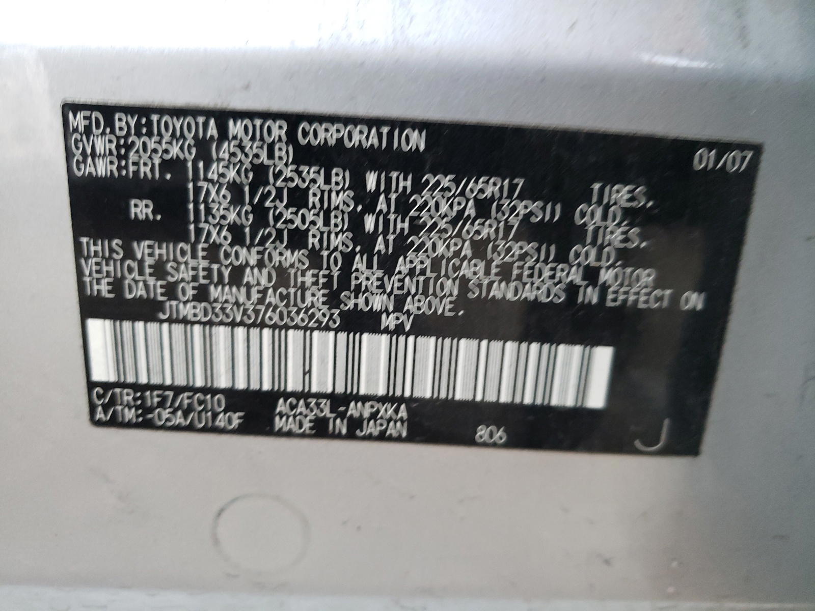 Photo 10 from auction – 2007 TOYOTA RAV4 with VIN JTMBD33V376036293