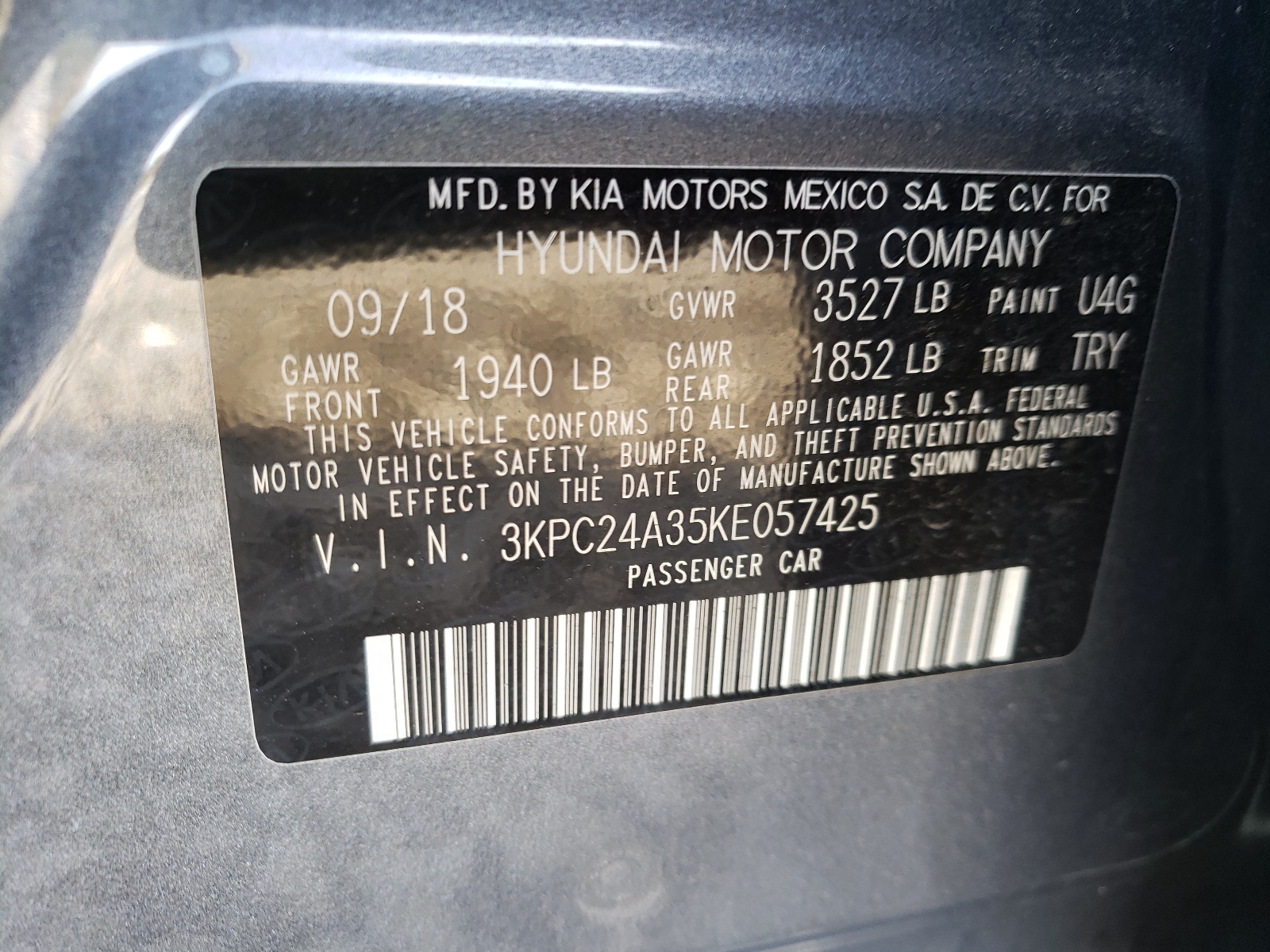 Photo 10 from auction – 2019 HYUNDAI ACCENT SE with VIN 3KPC24A35KE057425
