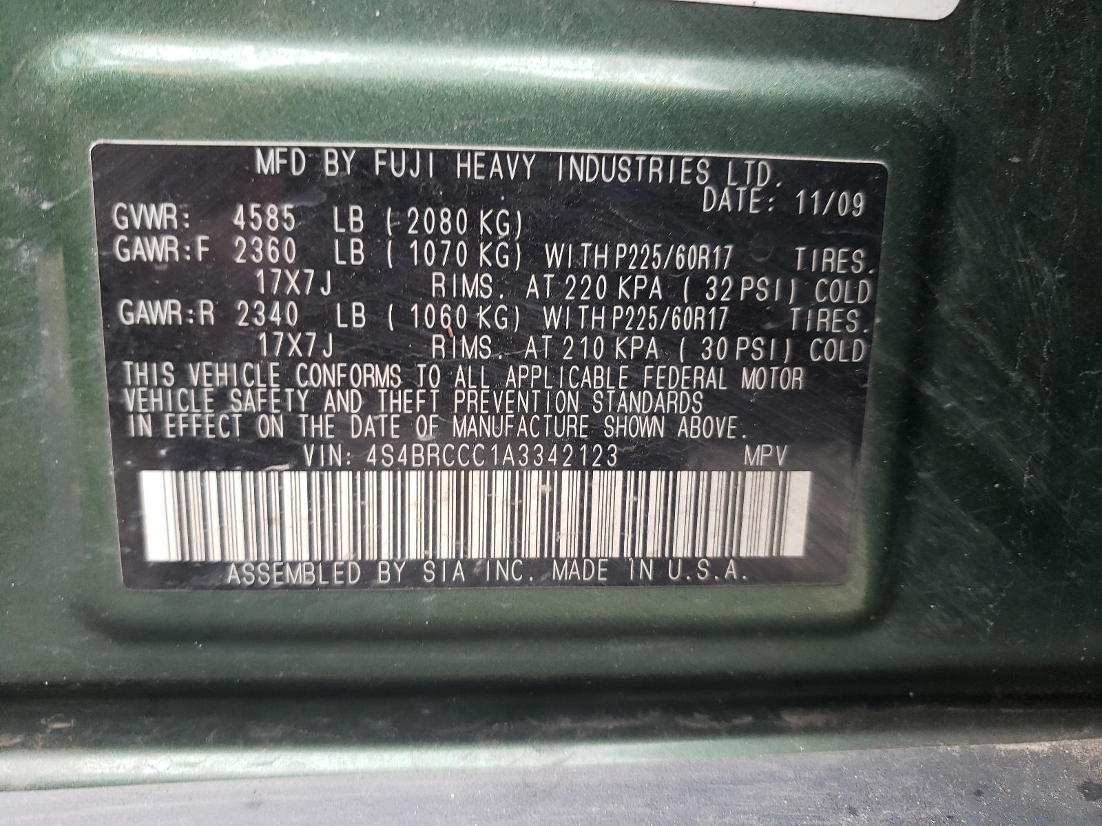 Photo 10 from auction – 2010 SUBARU OUTBACK 2. with VIN 4S4BRCCC1A3342123