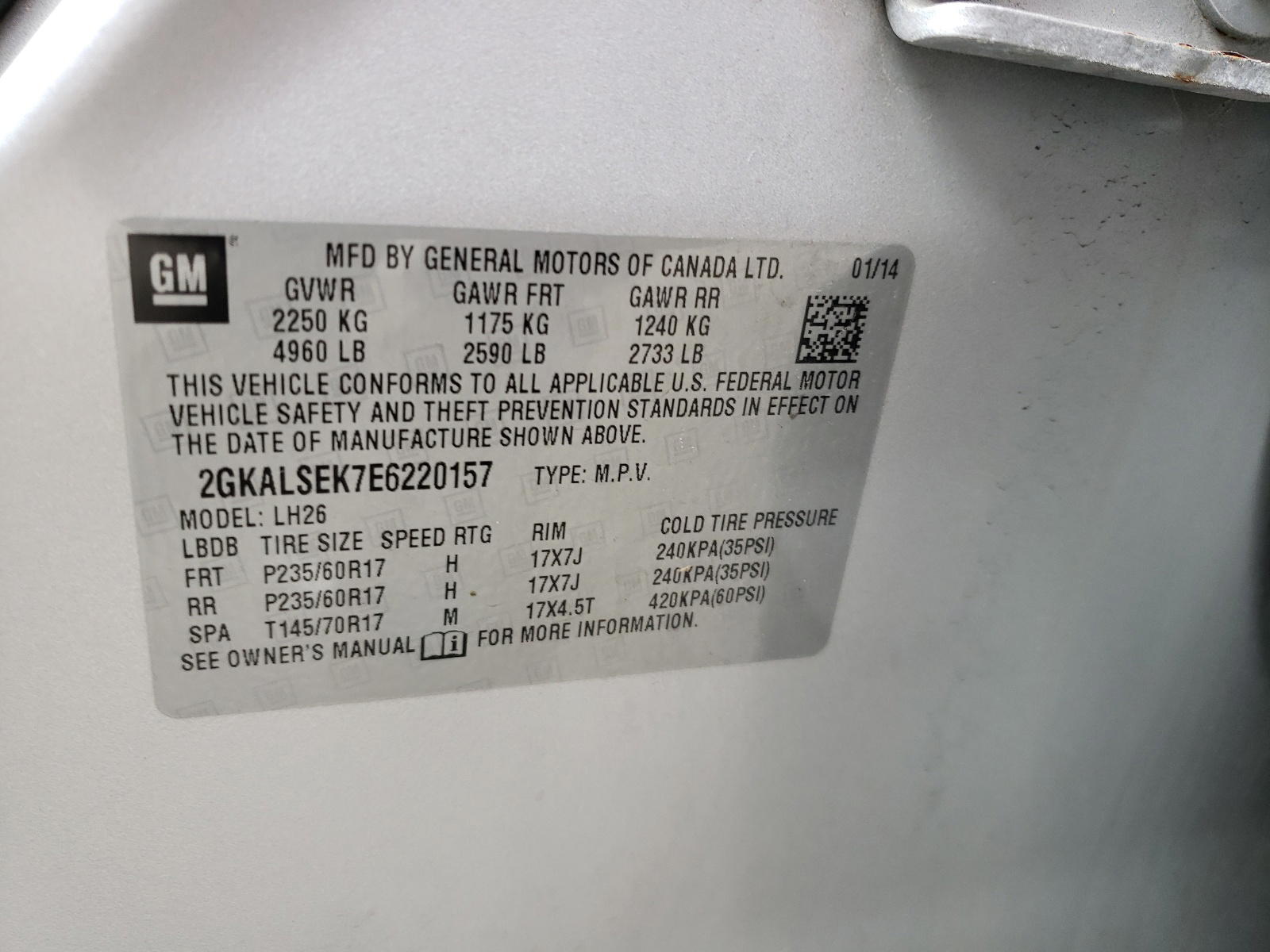 Photo 10 from auction – 2014 GMC TERRAIN SL with VIN 2GKALSEK7E6220157