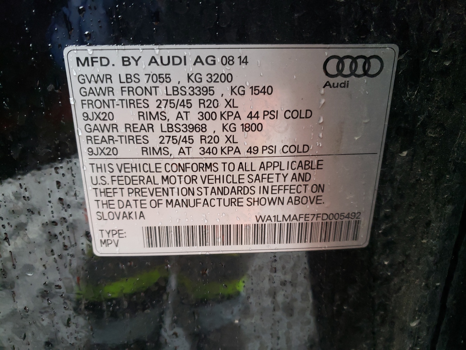 Photo 10 from auction – 2015 AUDI Q7 TDI PRE with VIN WA1LMAFE7FD005492