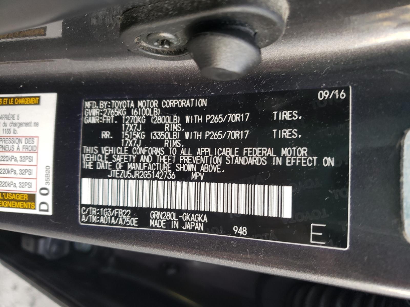 Photo 10 from auction – 2016 TOYOTA 4RUNNER SR with VIN JTEZU5JR2G5142736