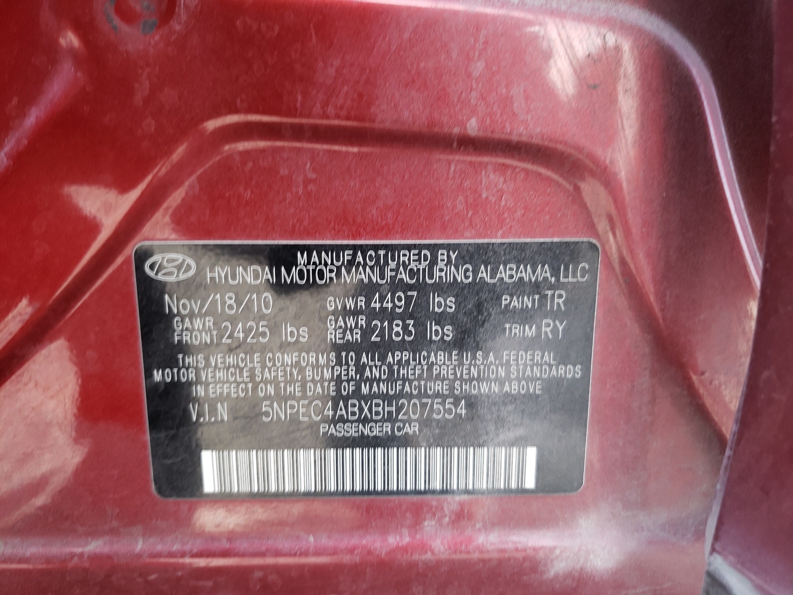 Photo 10 from auction – 2011 HYUNDAI SONATA SE with VIN 5NPEC4ABXBH207554