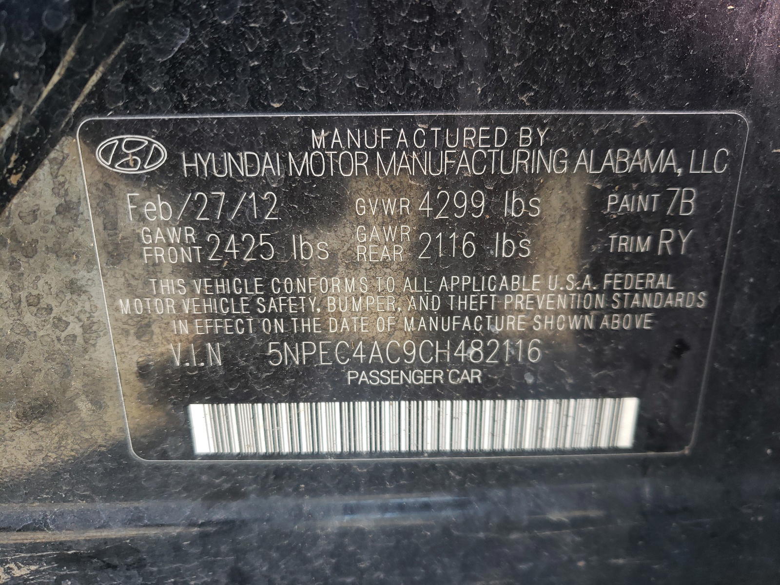 Photo 10 from auction – 2012 HYUNDAI SONATA SE with VIN 5NPEC4AC9CH482116