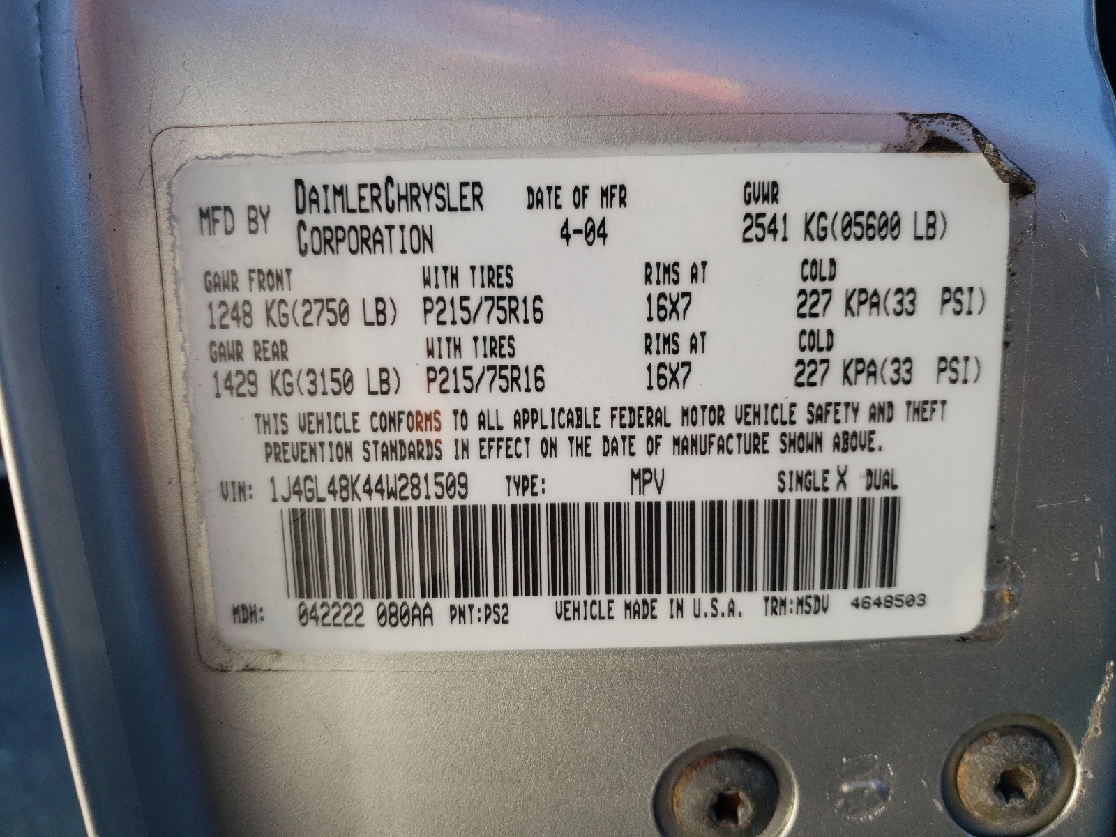 Photo 10 from auction – 2004 JEEP LIBERTY SP with VIN 1J4GL48K44W281509
