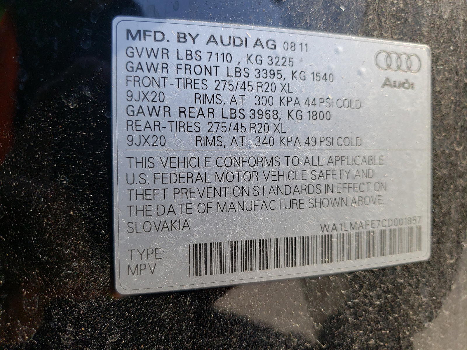 Photo 10 from auction – 2012 AUDI Q7 PREMIUM with VIN WA1LMAFE7CD001857