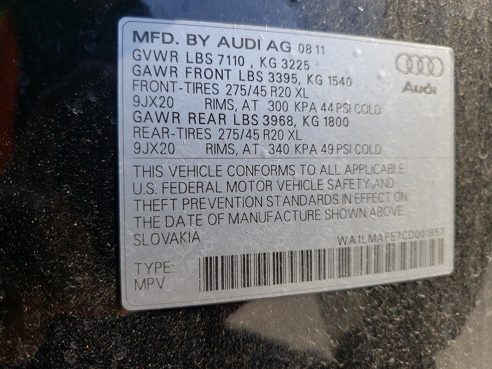 Фото 10 с аукциона – 2012 AUDI Q7 PREMIUM с VIN WA1LMAFE7CD001857