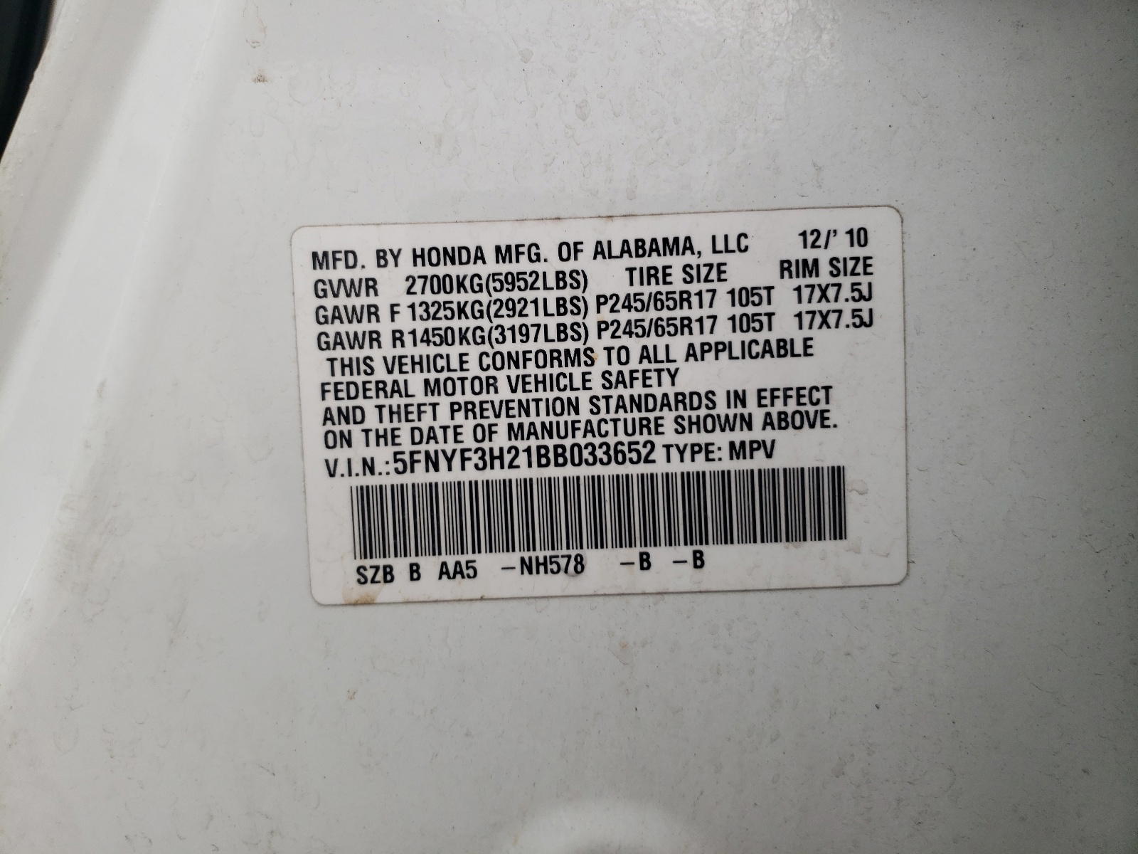 Photo 10 from auction – 2011 HONDA PILOT LX with VIN 5FNYF3H21BB033652