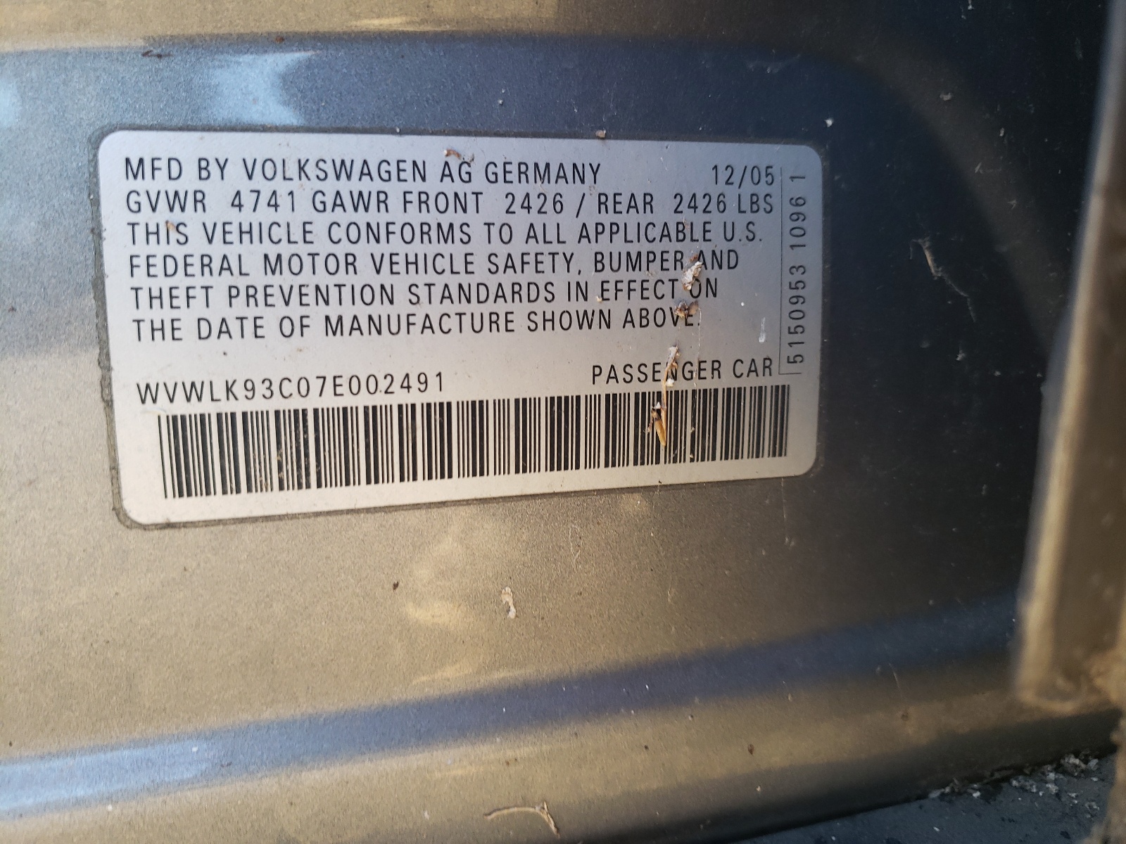Photo 10 from auction – 2007 VOLKSWAGEN PASSAT 2.0 with VIN WVWLK93C07E00V491