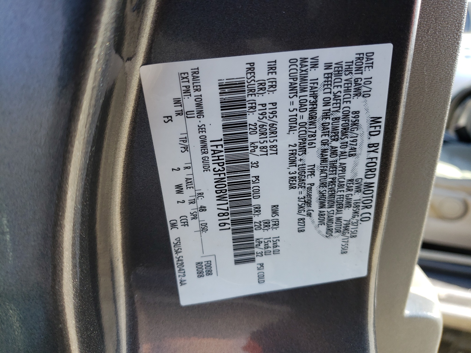Фото 10 с аукциона – 2011 FORD FOCUS SE с VIN 1FAHP3FN0BW178161