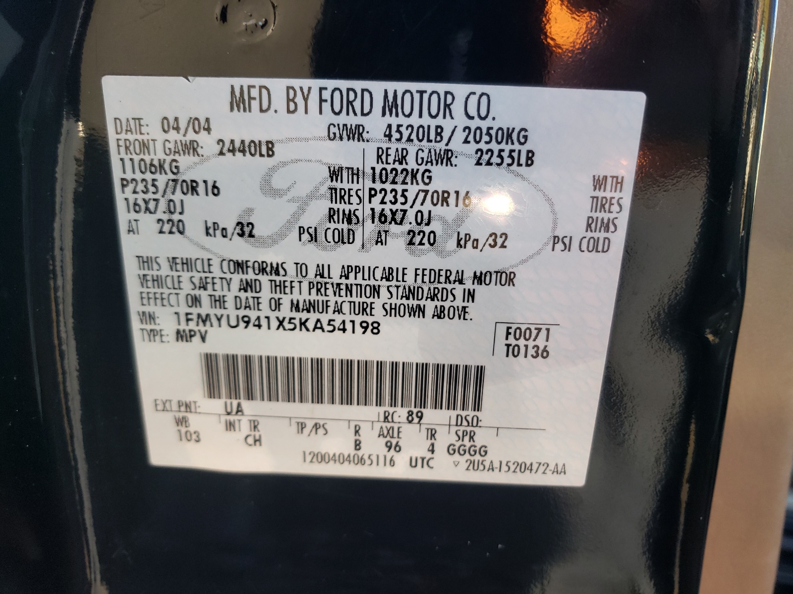 Photo 10 from auction – 2005 FORD ESCAPE LIM with VIN 1FMYU941X5KA54198