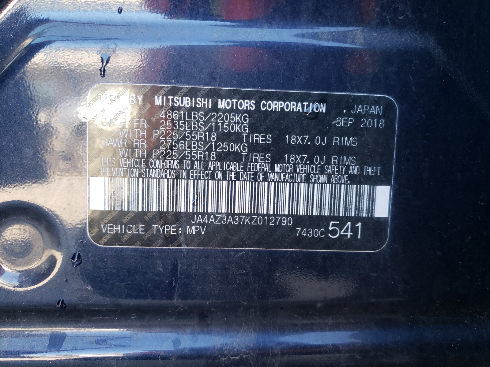 Photo 10 from auction – 2019 MITSUBISHI OUTLANDER with VIN JA4AZ3A37KZ012790