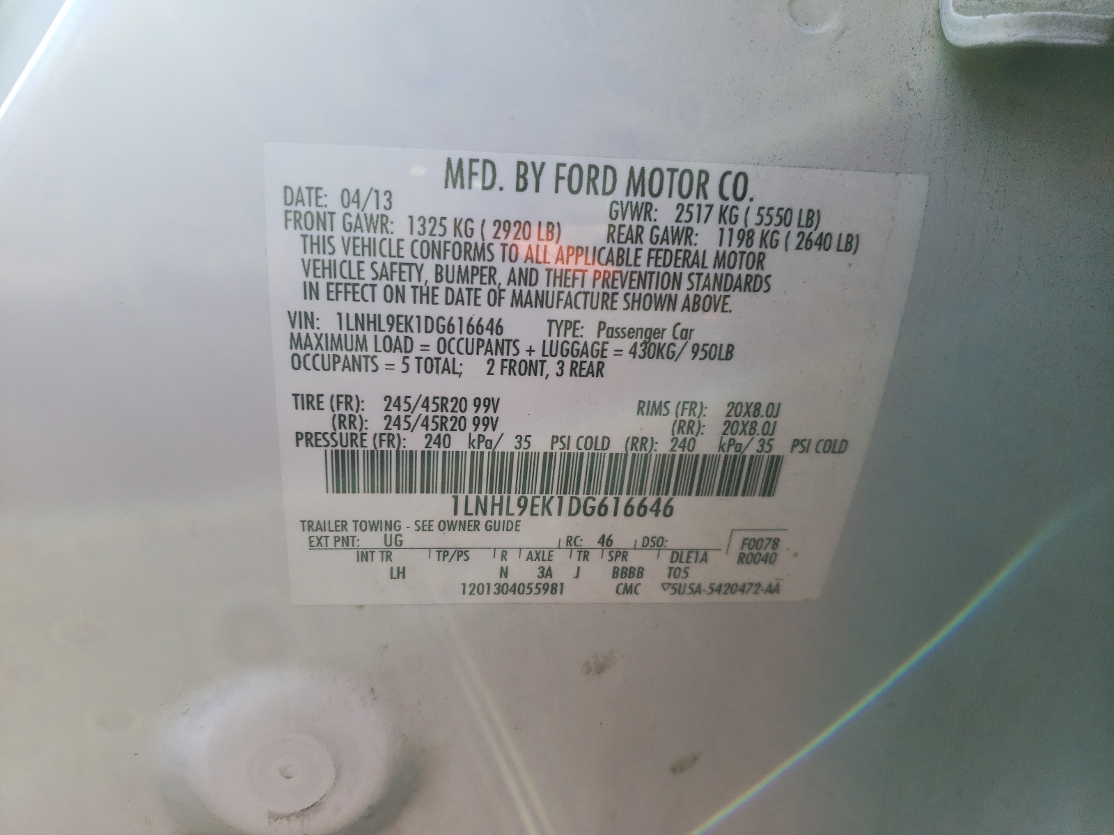 Photo 10 from auction – 2013 LINCOLN MKS with VIN 1LNHL9EK1DG616646