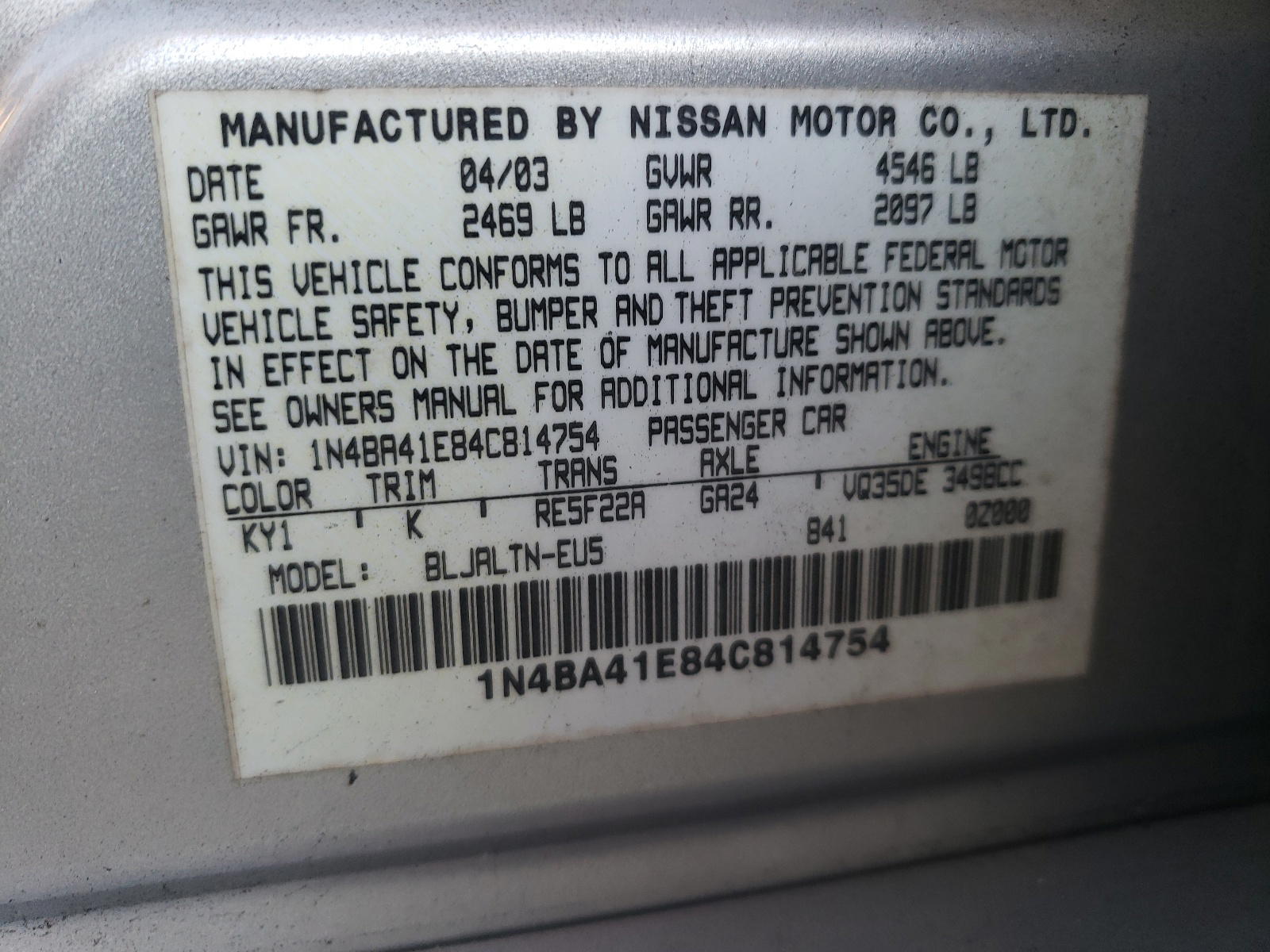 Photo 10 from auction – 2004 NISSAN MAXIMA SE with VIN 1N4BA41E84C814754
