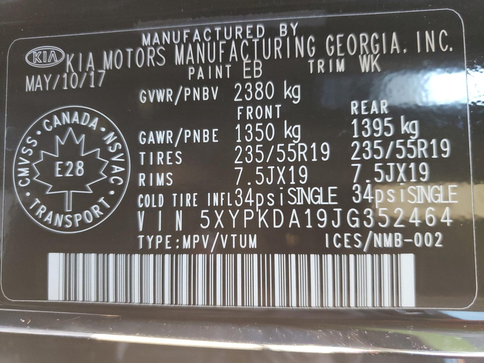 Photo 10 from auction – 2018 KIA SORENTO SX with VIN 5XYPKDA19JG352464