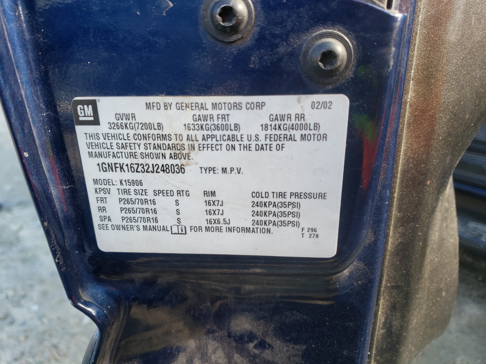 Photo 10 from auction – 2002 CHEVROLET SUBURBAN K with VIN 1GNFK16Z32J248036