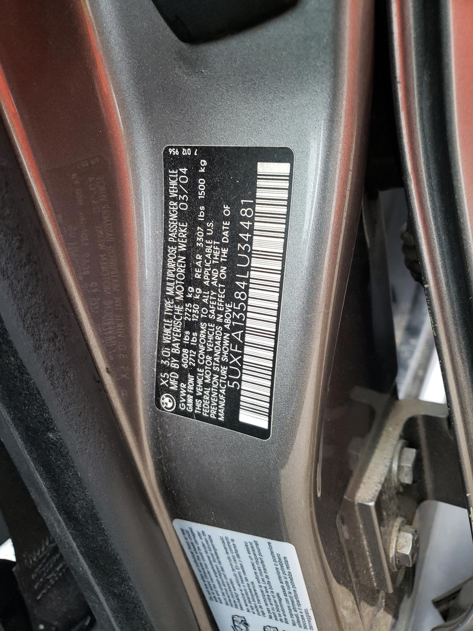 Photo 10 from auction – 2004 BMW X5 3.0I with VIN 5UXFA13584LU34481